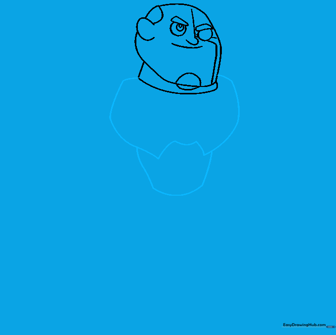 Sketch showing the torso, shoulders, and chest outline for the Cyborg character.