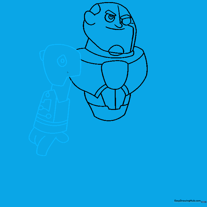 Drawing the first arm with detailed gauntlet armor and fingers.