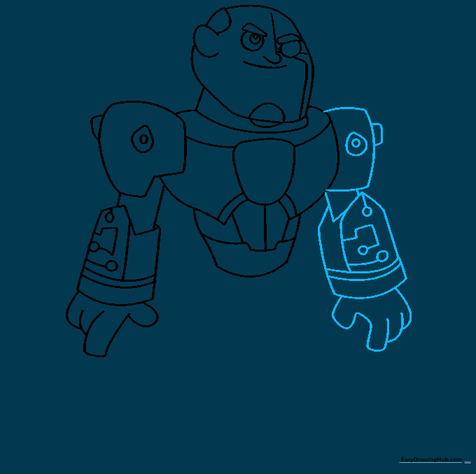 Drawing the second arm and hand with matching armor details.