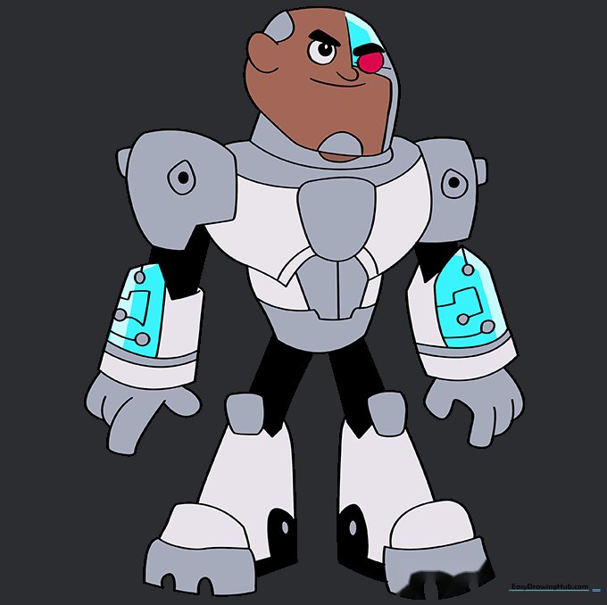 Final colored drawing of Cyborg with metallic grey armor and a glowing red eye.