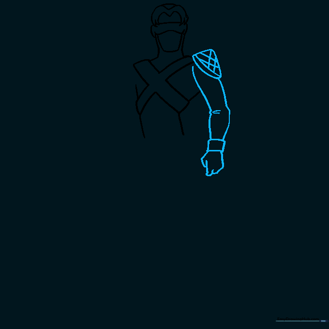 Detailing the chest emblem and sketching the arm and elbow.