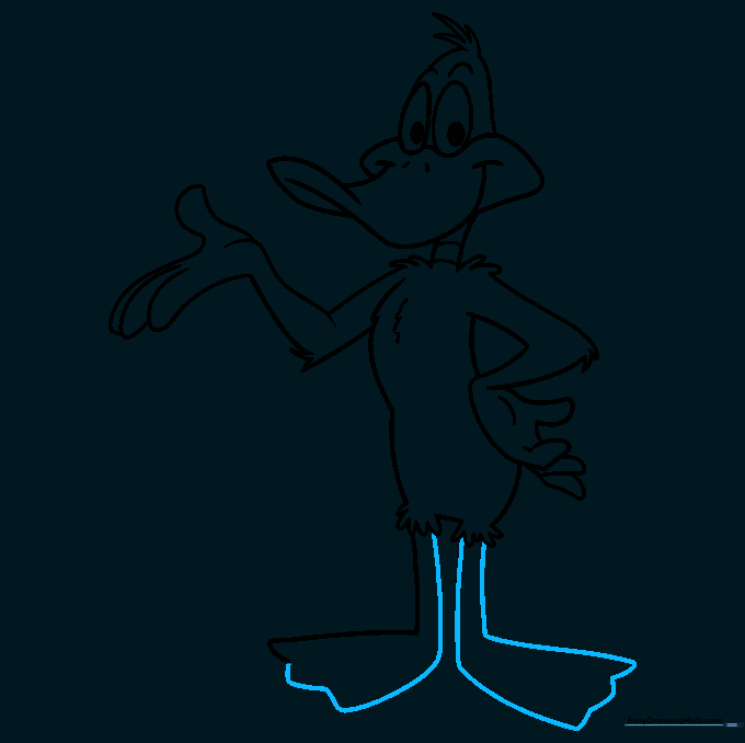 Completed outline of Daffy Duck showing both feet with toe details.
