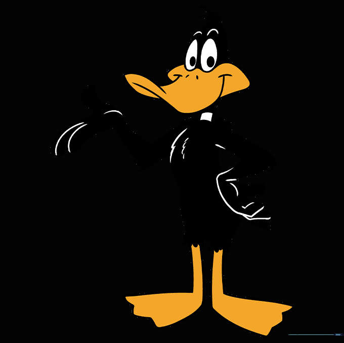 Fully colored illustration of Daffy Duck with black feathers, yellow bill, and yellow feet.