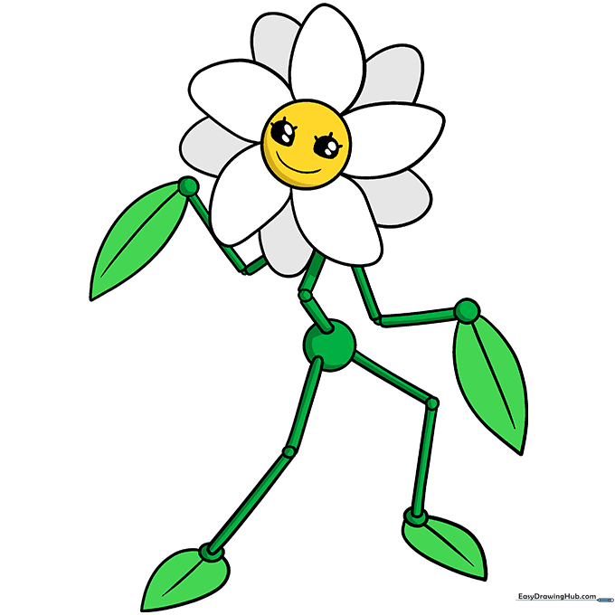 Fully colored Daisy character featuring a yellow face, green body, and white petals.