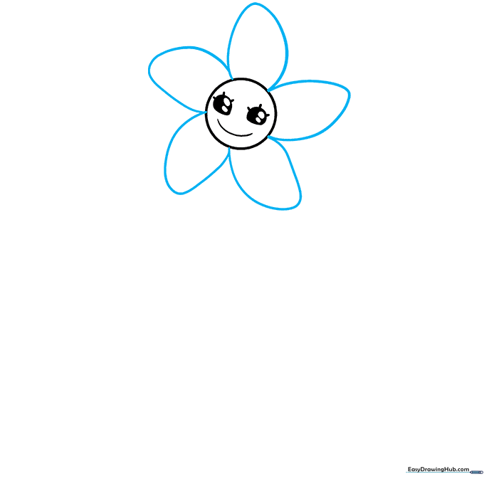 Daisy's head surrounded by five rounded petals drawn with smooth, continuous curves.