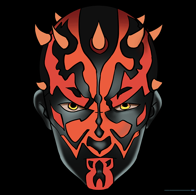 The final colored drawing of Darth Maul with his signature red and black face tattoos.