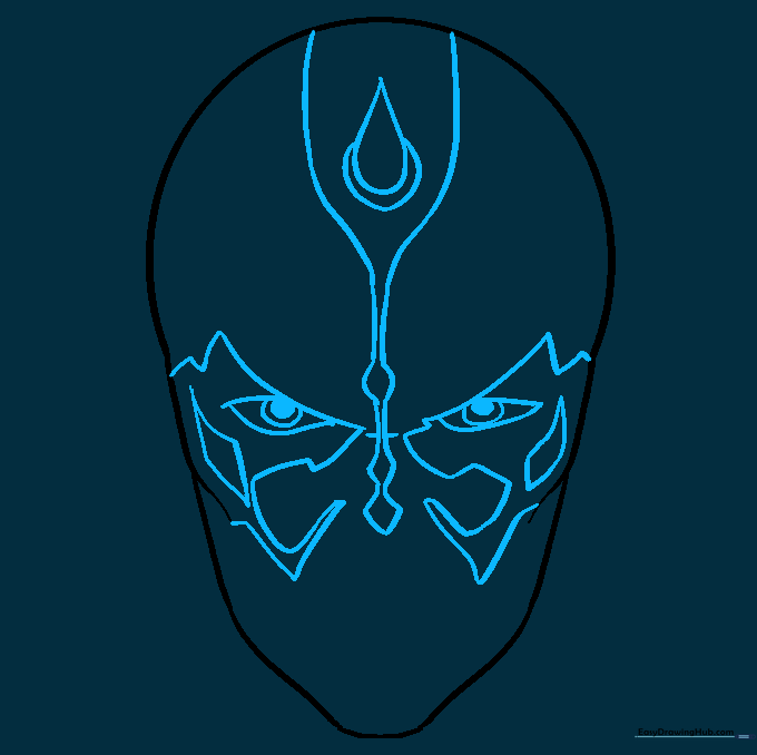 Drawing the eyes and the central forehead horn base with detailed pupils.