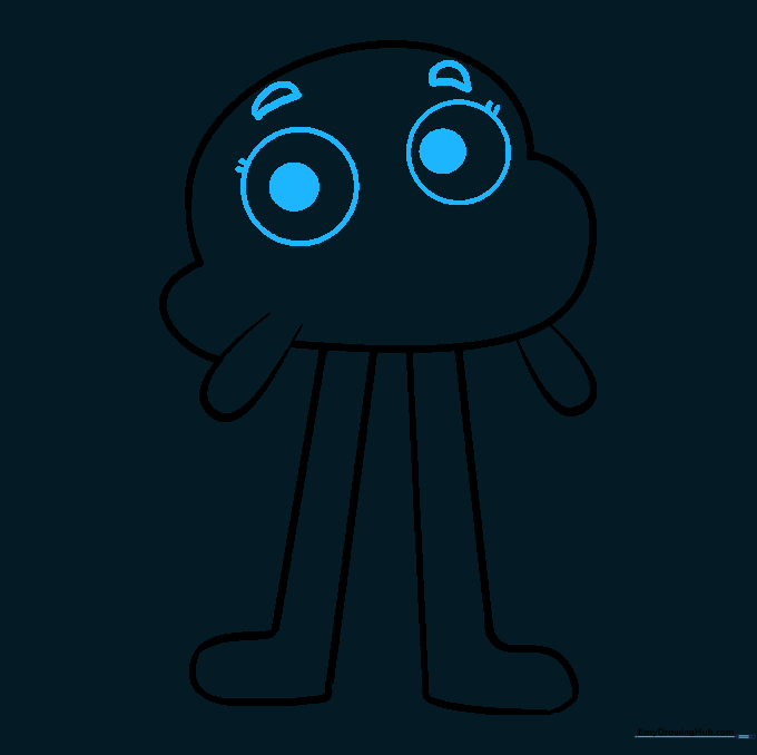 Large expressive eyes with pupils and curved eyebrows added to the face.