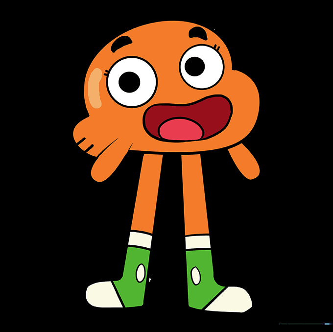The finished Darwin Watterson drawing fully colored in vibrant orange.