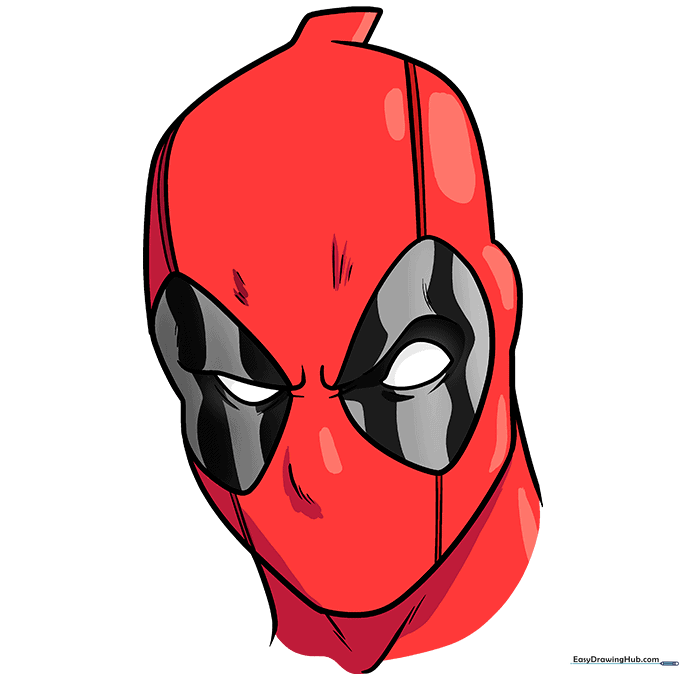 The finished, colored Deadpool drawing with red mask and black eye patches.