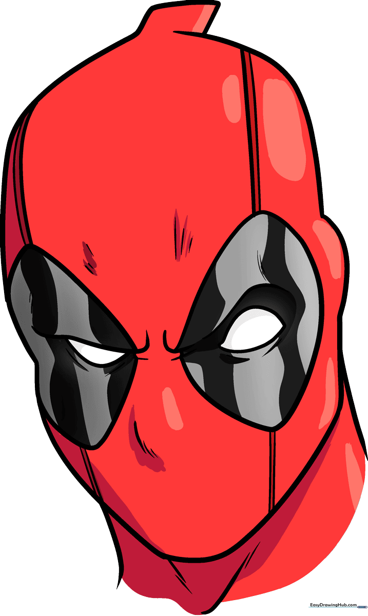 A vibrant, completed drawing of Deadpool's mask, showcasing the final result of the tutorial.