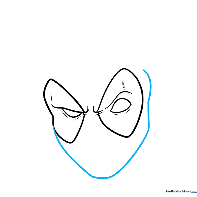 Outlining the lower face and jawline of the Deadpool mask.