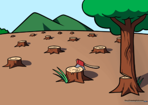 A finished, colored illustration of a deforested landscape featuring tree stumps and an ax.