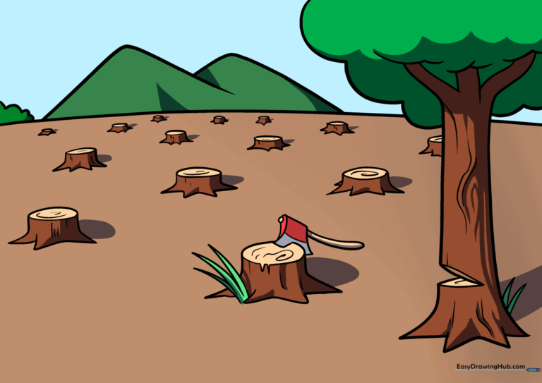 A finished, colored illustration of a deforested landscape featuring tree stumps and an ax.