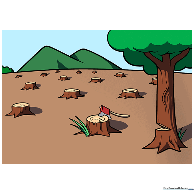 A fully colored drawing of a deforested landscape with brown stumps and distant blue mountains.