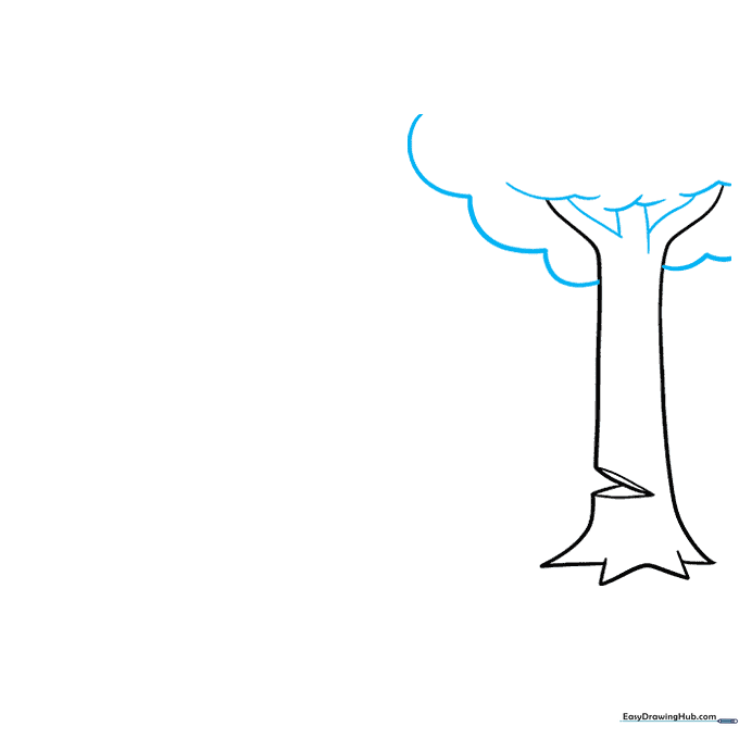 Drawing the leafy canopy of a tree using irregular curved lines atop the trunk.