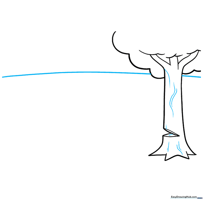 Adding bark texture to the tree trunk and drawing a horizon line across the background.