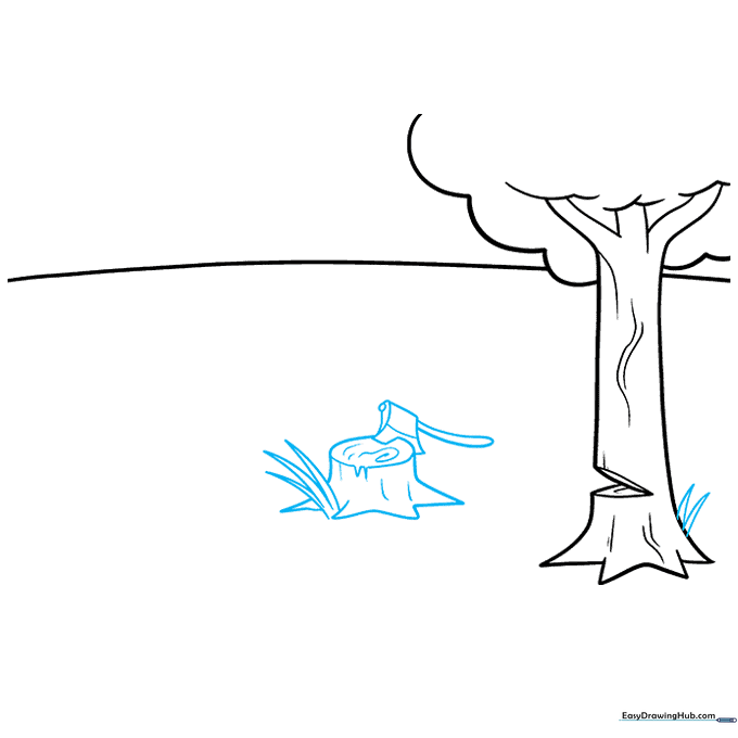 Sketching a tree stump with an ax embedded in the top and grass blades at the base.