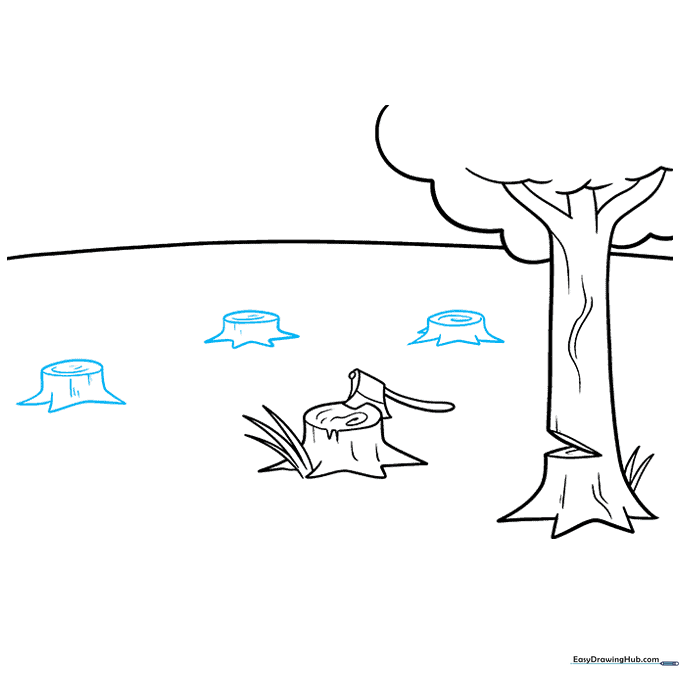 Adding multiple smaller tree stumps in the background to illustrate the scene.