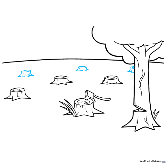 Adding more tree stumps to the middle ground of the forest scene.