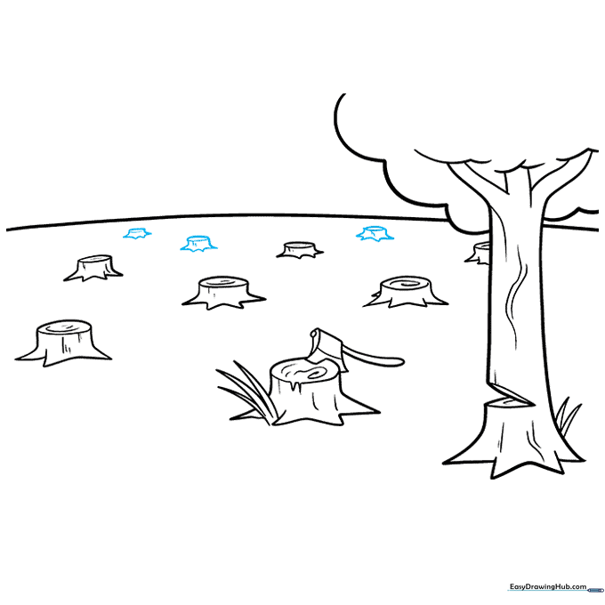 Drawing tiny tree stumps near the horizon line to show perspective and distance.