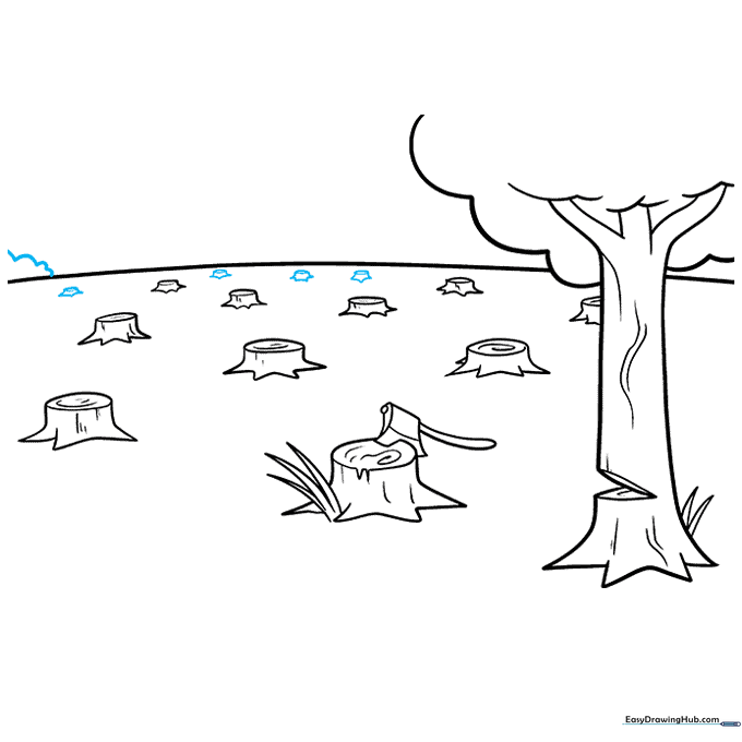 Sketching distant bushes and trees along the horizon line using short, jagged lines.