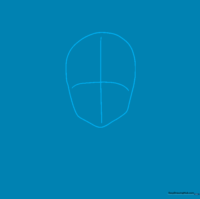 Pencil sketch showing the initial face shape and crosshair guidelines for drawing Deku.
