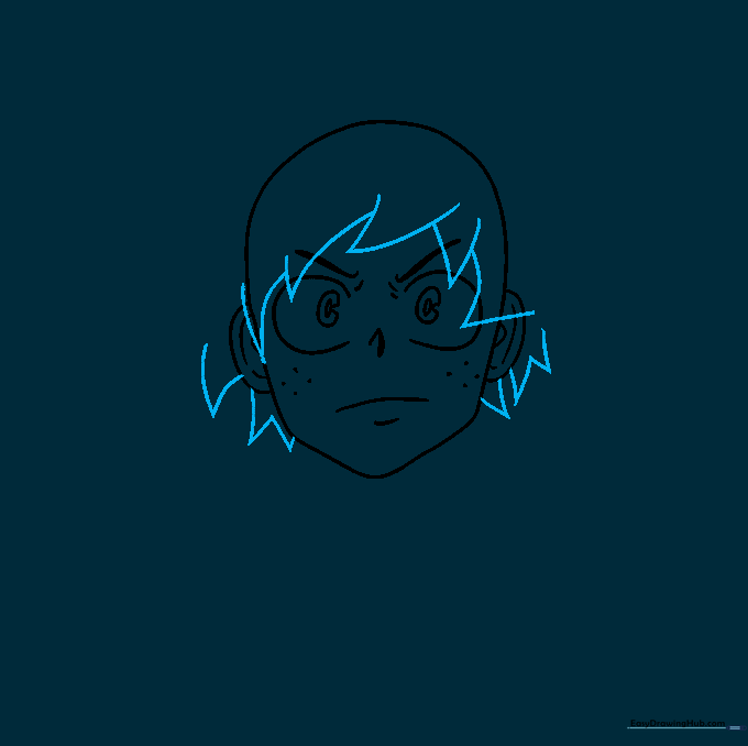 Drawing the initial jagged, spiky hair strands around Deku's forehead.