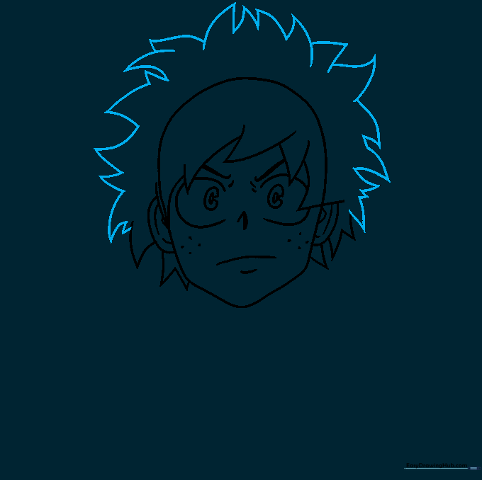 Full head of spiky hair completed for the Deku character drawing.
