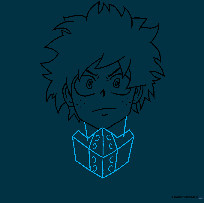 Adding the uniform collar and neck structure to the Deku drawing.
