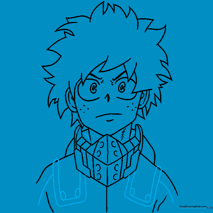 Finalizing the shoulder pads and arm details for the Deku uniform.