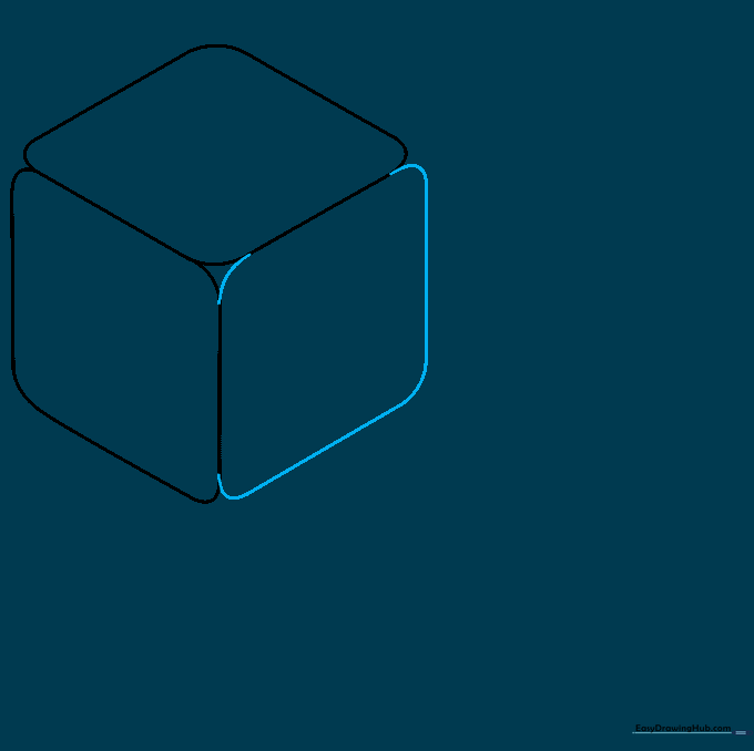 A complete 3D cube outline formed by three connected rounded diamonds.