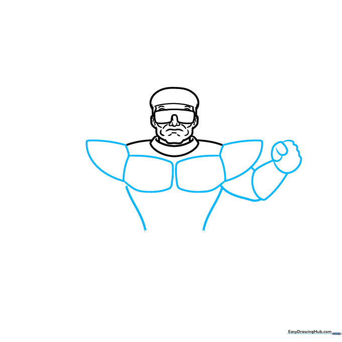 Drawing the chest armor plates and the upper arm structure using curved lines.