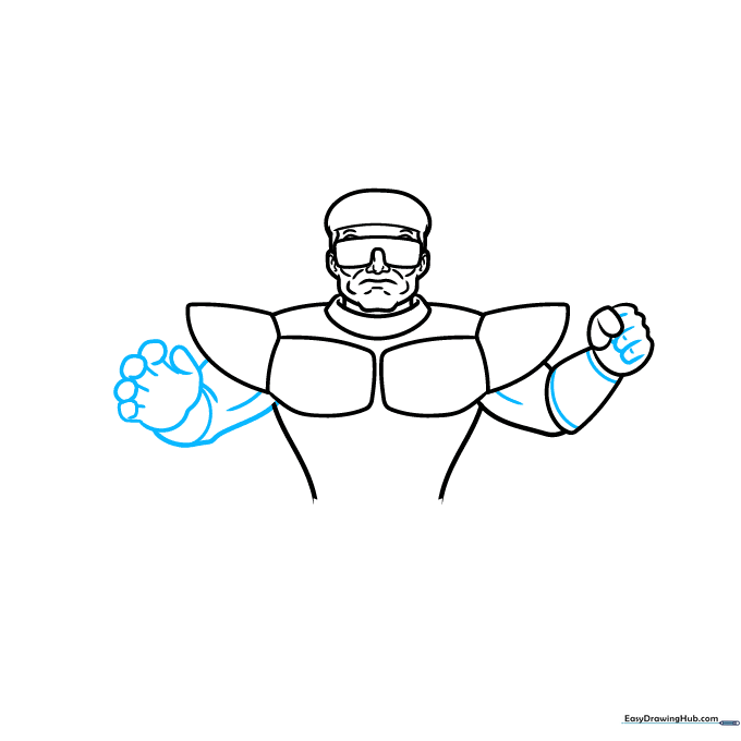 Detailed sketch of the arms, gauntlets, and hands with defined muscle contours.