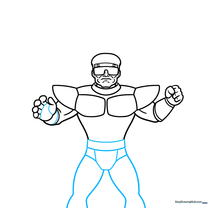 Sketching the belt and the outline of the legs to complete the lower body silhouette.