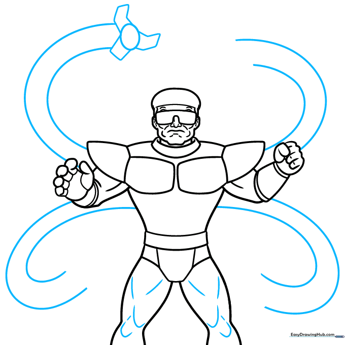 Adding the long, curved mechanical arms extending from the character's back.