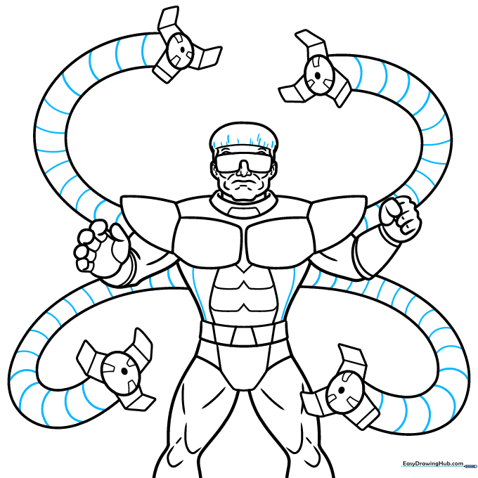Finalizing the drawing with hair texture and segmented lines on the mechanical arms.