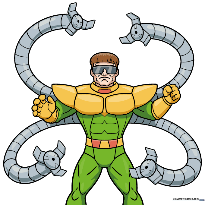The finished, colored Doctor Octopus drawing featuring his green and yellow suit and silver mechanical arms.