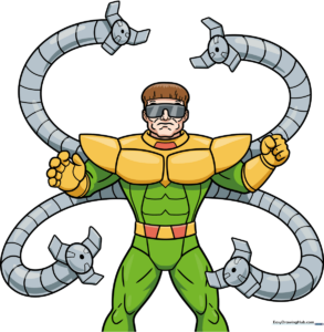 Full-color illustration of Doctor Octopus with his four mechanical arms, ready for a drawing tutorial.