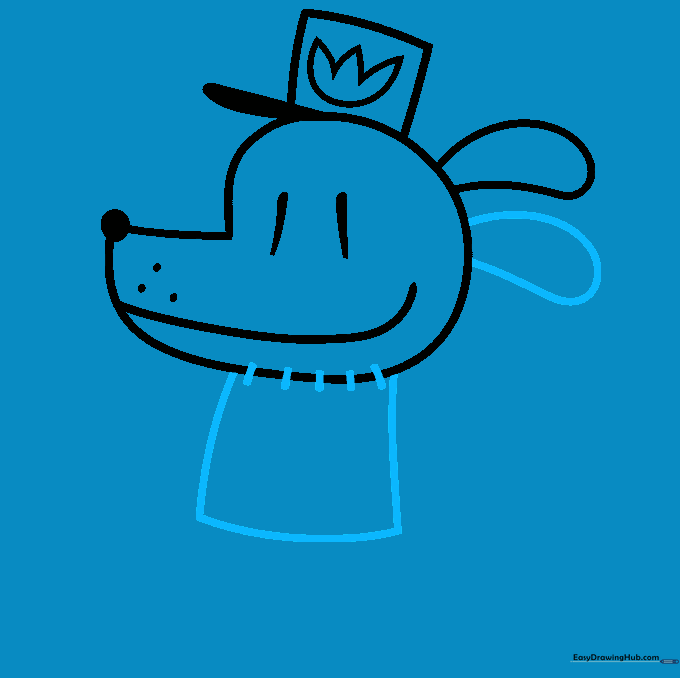 Adding the torso square, beard lines, and the second ear to the Dog Man drawing.