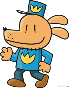 Colorful, completed illustration of Dog Man standing heroically.