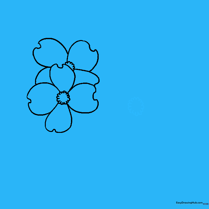 Adding a third flower center to the composition using small, connected U-shaped lines.