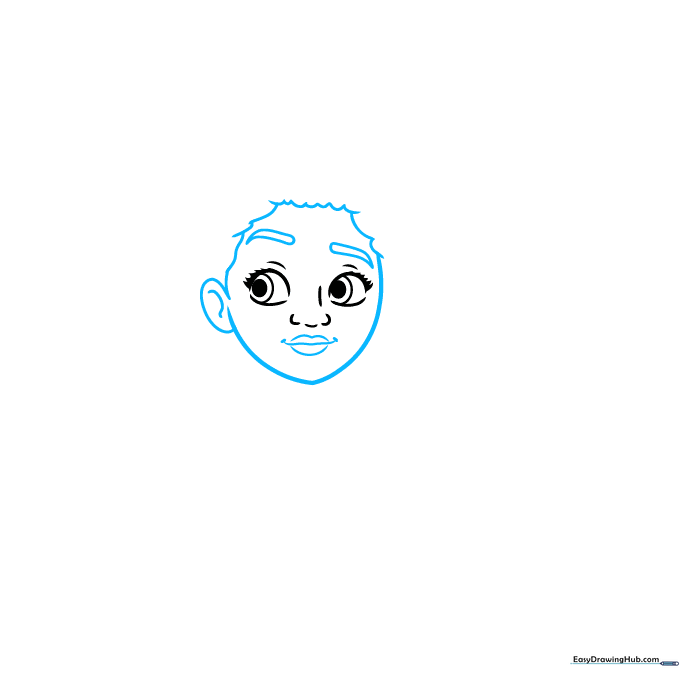 Sketch of Dolores's face outline, including eyebrows, ears, and mouth.