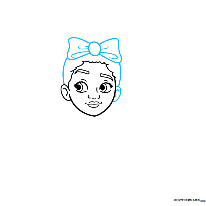 Adding the large hair bow to the top of Dolores's head.