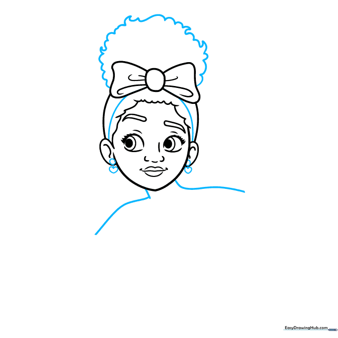 Drawing the headband, hair, and heart-shaped earrings.