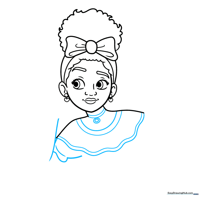 Drawing the detailed frilly collar and necklace of Dolores's dress.