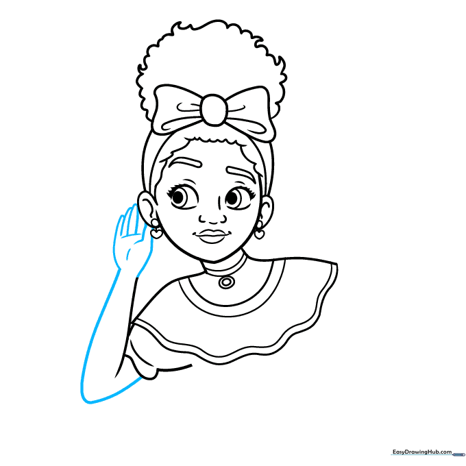 Sketching the arm and hand raised to the side of the head.