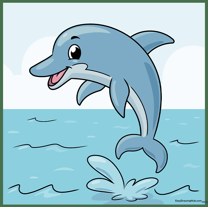 Finished colored drawing of a cartoon dolphin