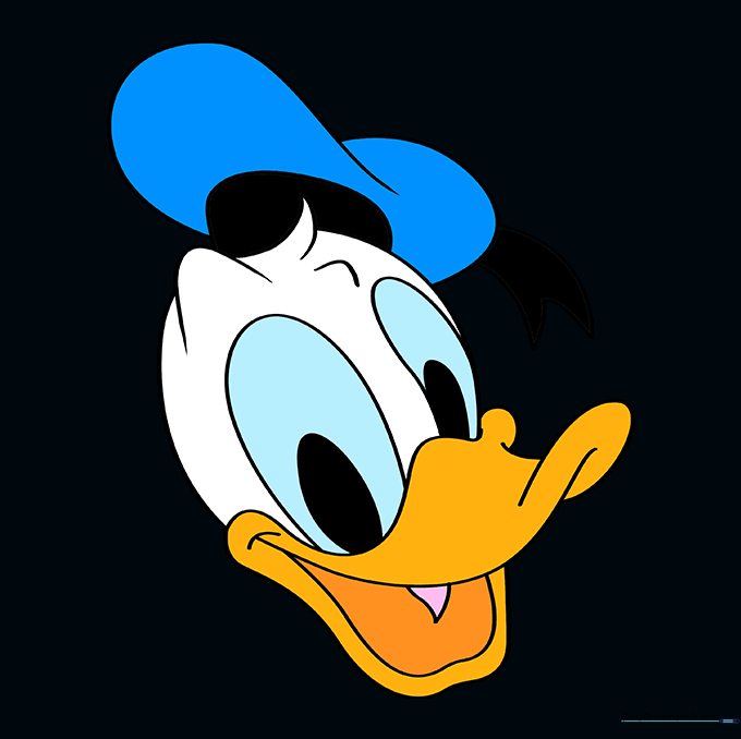 The finished, colored drawing of Donald Duck with his blue hat and yellow beak.