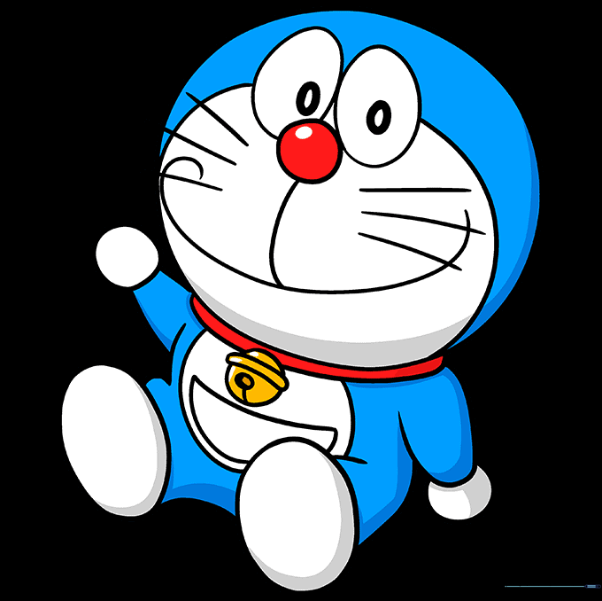 The finished Doraemon drawing fully colored in blue, red, and yellow.